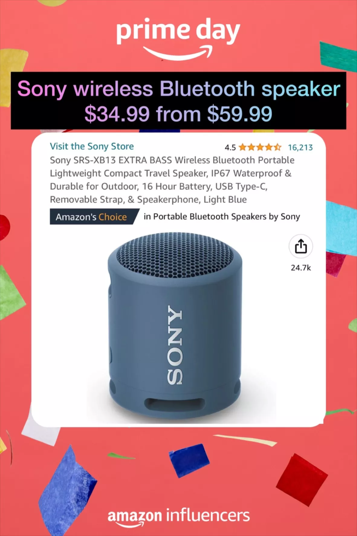 Sony SRS-XB13 EXTRA BASS Wireless Bluetooth Portable Lightweight Compact  Travel Speaker, IP67 Waterproof & Durable for Outdoor, 16 Hour Battery, USB