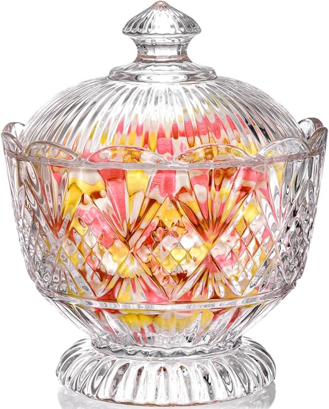 Lyellfe Glass Candy Dish with Lid, 40 Oz Large Clear Covered Cookie Bowl, Decorative Embossed Foo... | Amazon (US)