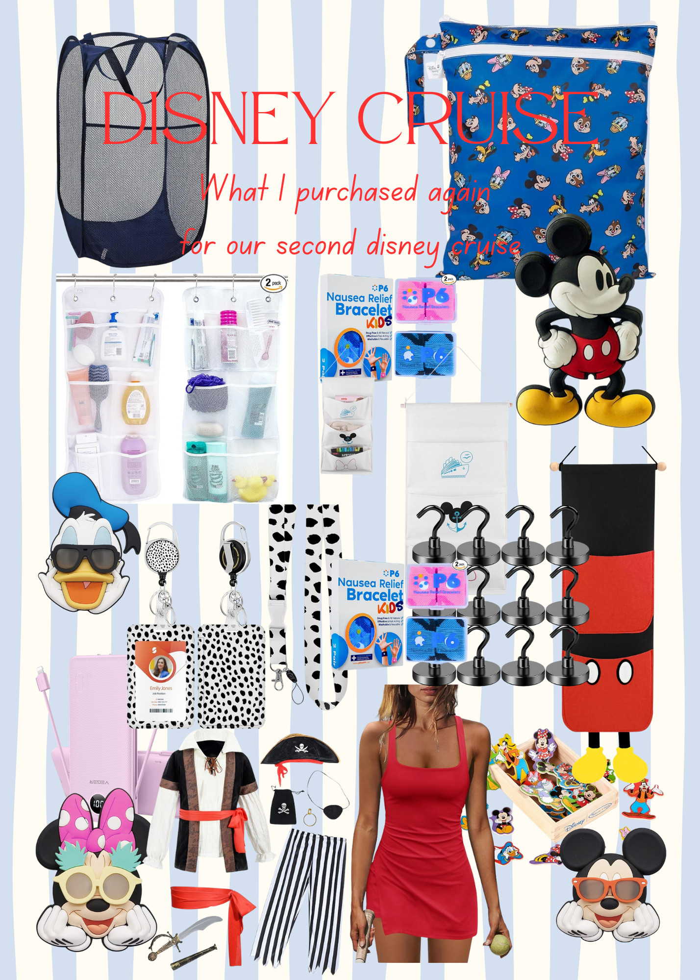 OK – I am working on a list of everything I used for Disney. I will send a reason for why I purchased each thing. 

Magnets –  my kids loved decorating our door with magnets. You can take magnets and leave on other people’s doors so I ordered a good bit of them. You can save them and reuse them on the next cruise as well.

Door hangers – you’ll see two door hangers. You’ll hang this outside of your room and people will put surprises in it.

Stickers - my kids loved giving out stickers and leaving them and other people’s door hangers. Perfect little pixie dust items.

Red athletic romper - I wore this for pirate night. Your room attendant will leave bandannas on your bed and I just wrapped the bandanna around my neck.

Pirate outfits  - I had Elseigh and Murphy monogrammed T-shirts for pirate night. Elseigh wore the T-shirt. Murphy chose the pirate outfit. 

Magnetic hooks - your entire room is basically one big magnet so I put these on the walls and would hang hats bags, wet, swimsuits to dry, etc.

Hanging organizer –  some people say that they confiscate these if they see them, but no one ever said anything to me about mine. I would put swimsuits underwear, hairbrush, camera sunscreen in the different pockets so they all had a place to go. 

Portable charger  - I would charge this every night so I could keep in my bag because my phone died so fast because of how many pictures I was taking.

Dramamine and motion, sickness, relief bracelets  - my kids never needed, but had them just in case. 

Wet bags  - good to have on the island.

Collapsible laundry basket  - was nice to pop this up and stick in a corner so everyone had a place to stick dirty laundry. When we packed up, I just packed one suitcase, full of dirty laundry, and move the kids clothes to mine.

Lanyard - I never wore my KTTW card but Elseigh liked having hers. And you'll need it for ports.

A beach bag - something you’ll want to take off the boat with you when you go onto Castaway .

Cash - small bills to tip for room service and bag handlers. Yes, you can add automated gratuity but it’s recommend

 

 #LTKTravel #LTKKids #LTKFamily