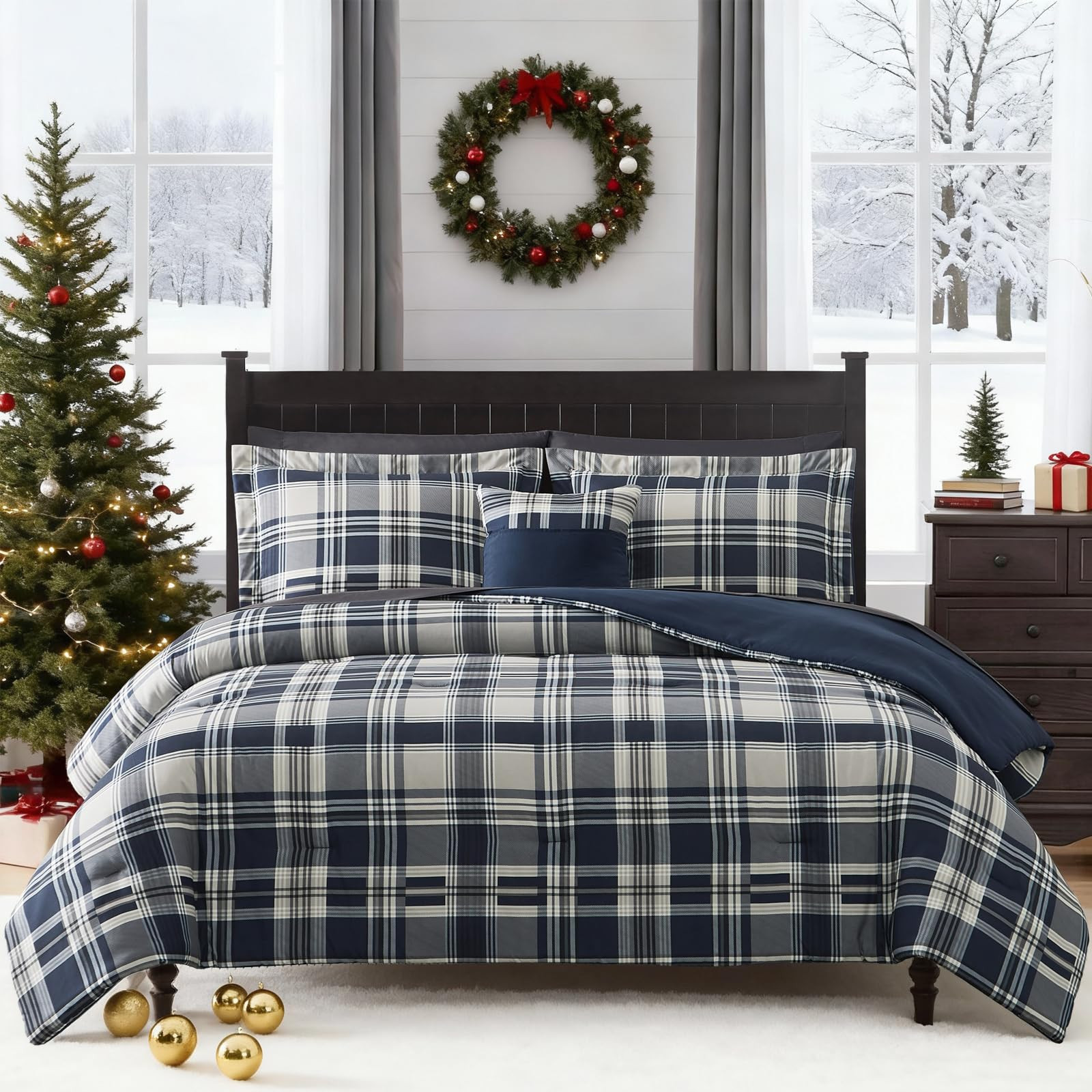 MaiRêve Full Size Comforter Set Navy Blue, Plaid Design Comforter Set 7 Pieces, All Season Comfo... | Amazon (US)