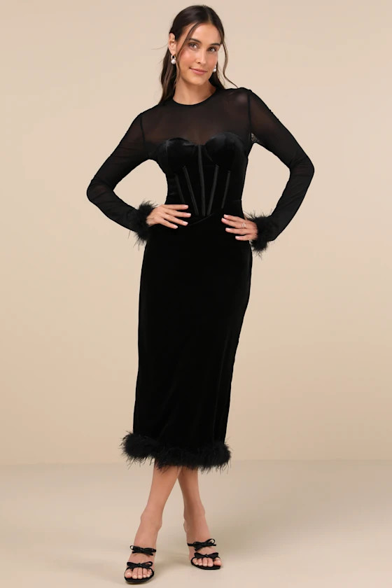 Sensational Situation Black Velvet Feather Bustier Midi Dress | Lulus