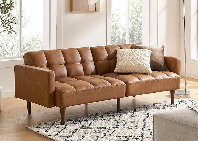 mopio Aaron Faux Leather Couch, Small Sofa, Futon, Sofa Bed, Mid Century Modern Futon Couch, Slee... | Amazon (US)