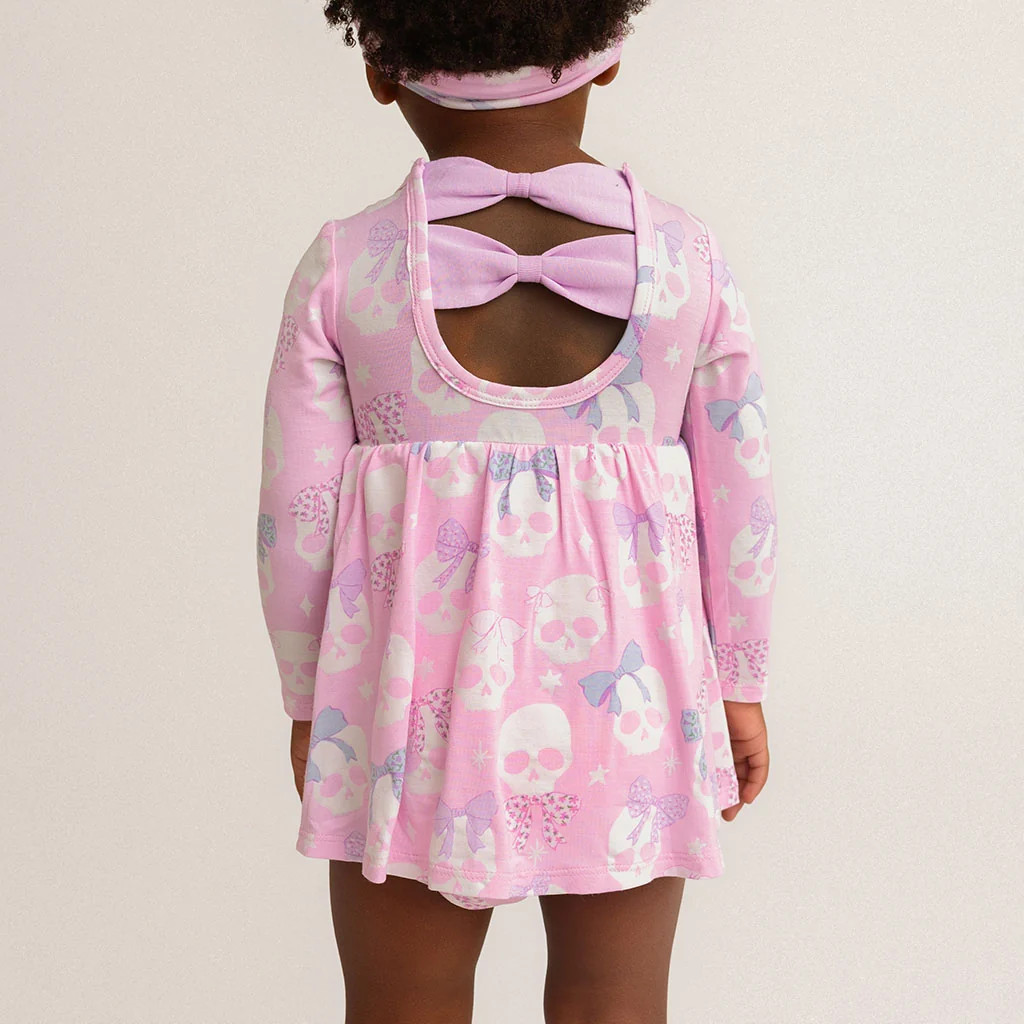 Skeleton Pink Sleeveless Ms. Kelly Bow Back Bodysuit Dress | Posh Peanut® | Posh Peanut