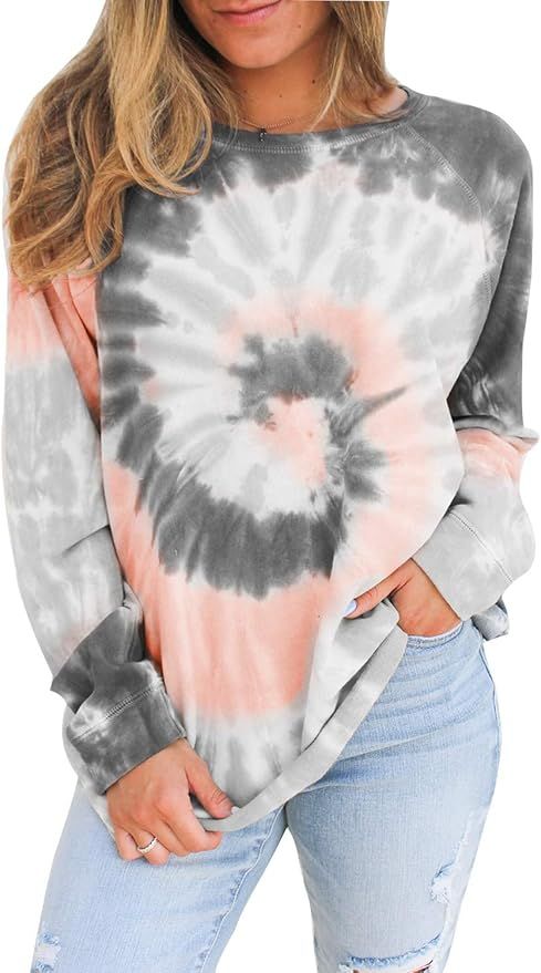 GOLDPKF Women Tie Dye Crewneck Pullover Sweatshirt Casual Color Block Loose Long Sleeve Tops | Amazon (US)