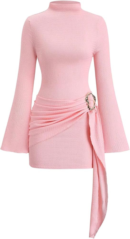 Milumia Women's Textured Mock Neck Metal Cinched Waist Long Bell Sleeve Dress Ruched Bodycon Part... | Amazon (US)