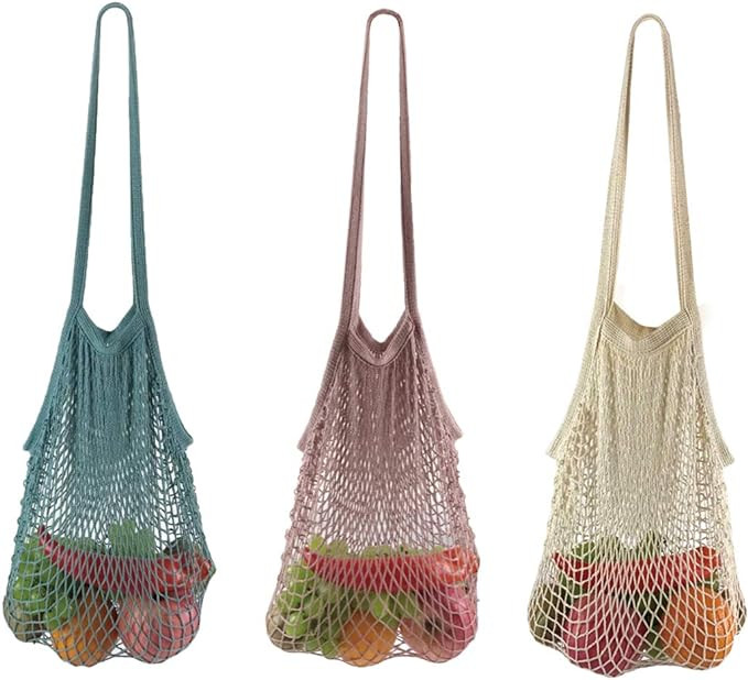 Net Shopping Bag Reusable Grocery Bags Net Storage Bag Long Handle Cotton Mesh Net Tote Bag Fruit... | Amazon (US)