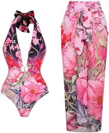 FLAXMAKER Women's Lace-up Neck Deep V Neck Strapless Printed One-Piece Swimsuit and Sarong/Skirt | Amazon (US)