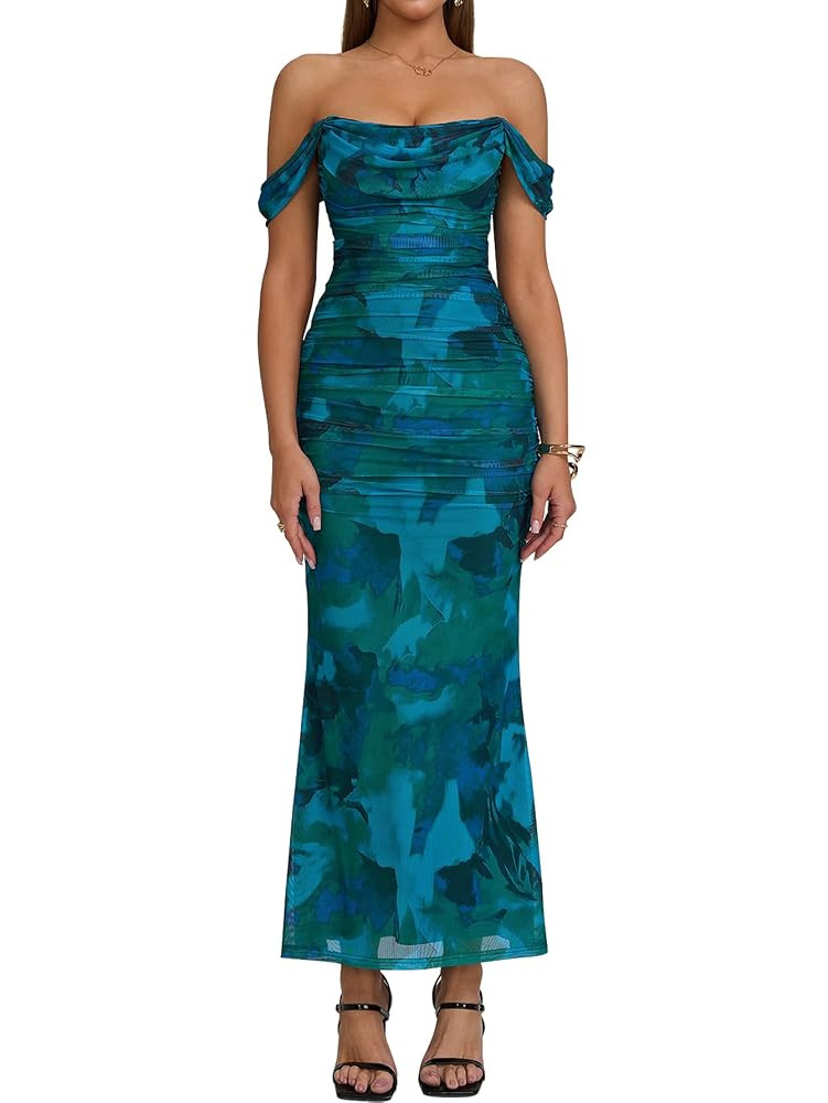 KUTUMAI Off The Shoulder Maxi Long Dress Corset Ruched Bodycon Formal Wedding Guest Dresses for W... | Amazon (US)