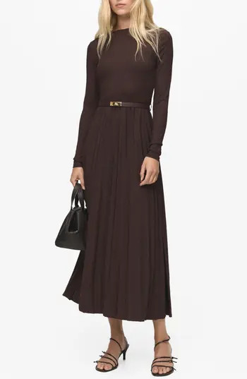 MANGO Pleated Belted Maxi Dress in Chocolate at Nordstrom Rack, Size 6 | Nordstrom Rack
