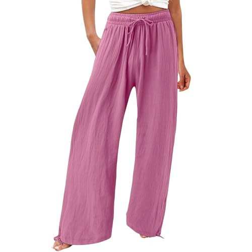 Pink Flowy Wide Leg Linen Pants for Womens Pink Casual Loose Fit Long Pants Pink Plus Size High Waisted Palazzo Pants High Waist Wide Leg Trousers with Drawstring | Amazon (US)