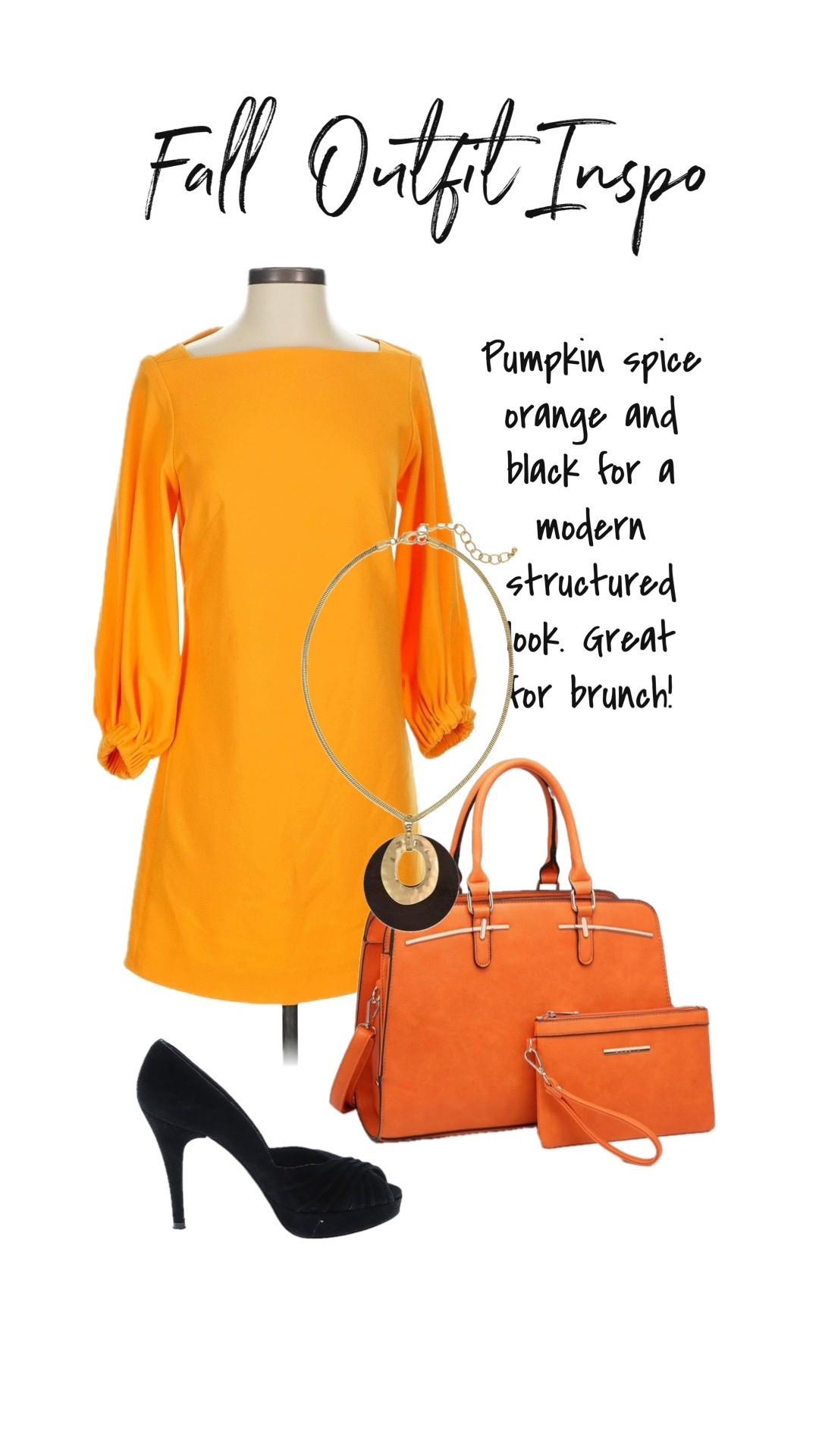 Pumpkin oranges and black for a polished brunch look. Pair this Tibi orange sheath with Stuart Weitzman peep toe pumps. Then add a structured orange tote and simple modern gold and black medallion necklace.



#LTKItBag #LTKStyleTip #LTKShoeCrush