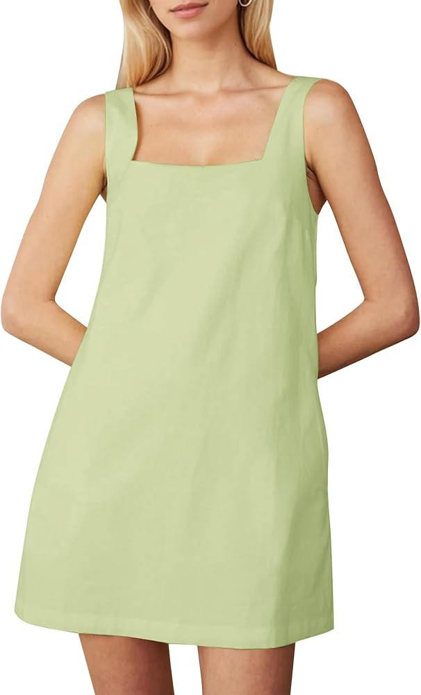 Summer Linen Mini Dress for Women Sleeveless Square Neck Tank Shift Dresses Causal Backless Solid... | Amazon (US)