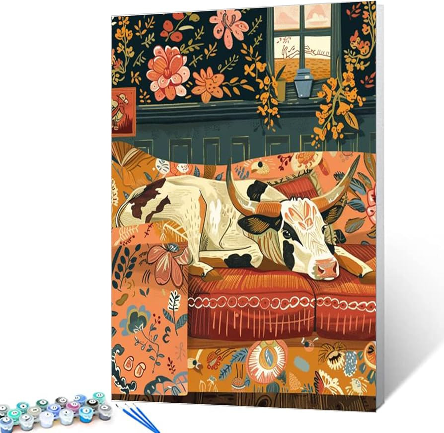 Leisure Cow Laying on Sofa Oil Painting Paint by Number Kits 16 x 20 inch Canvas Cattle Animal in... | Amazon (US)