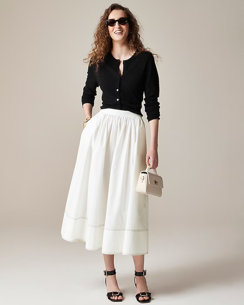 Contrast-stitch midi skirt in cotton poplin | J. Crew US