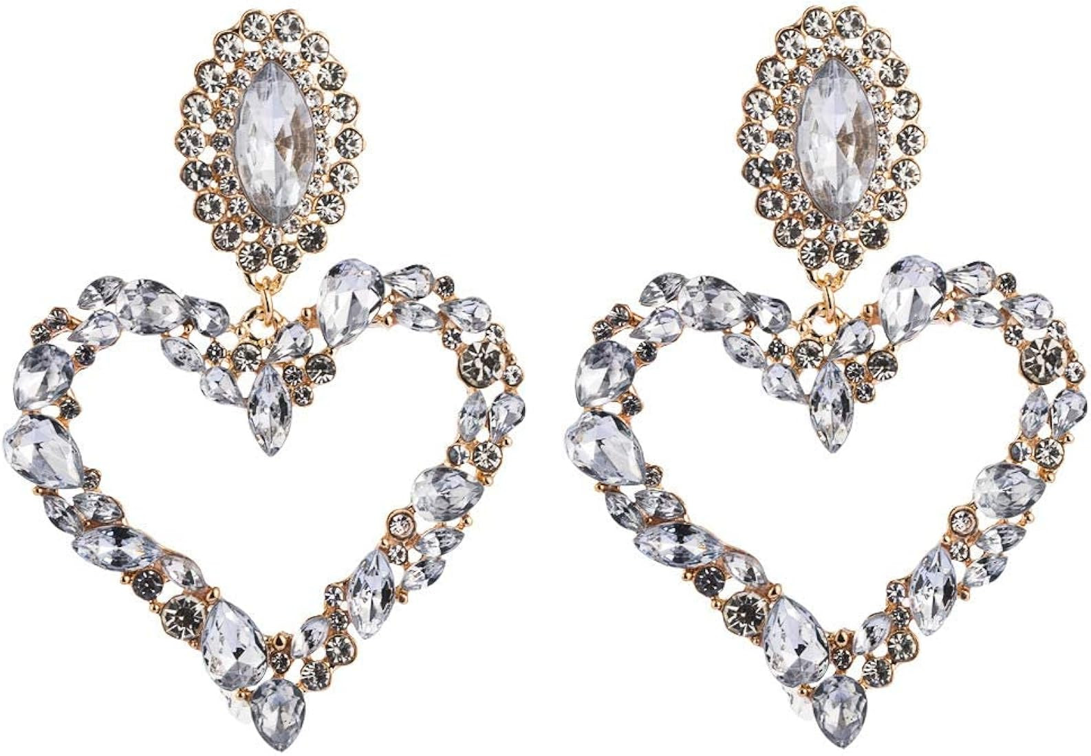 Xerling Large Heart Rhinestone Crystal Dangle Earrings Statement Drop Earrings for Women Girls Bride | Amazon (US)