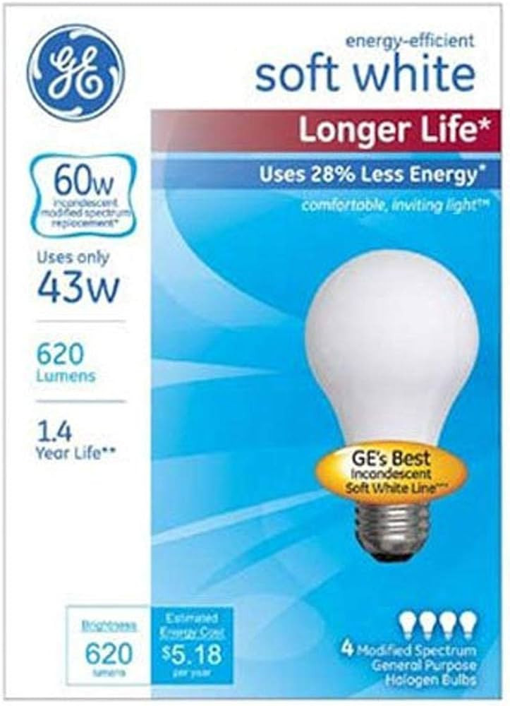 GE Lighting A19 Incandescent Halogen Light Bulbs, 43-Watt, Soft White Finish, 60-Watt Replacement... | Amazon (US)