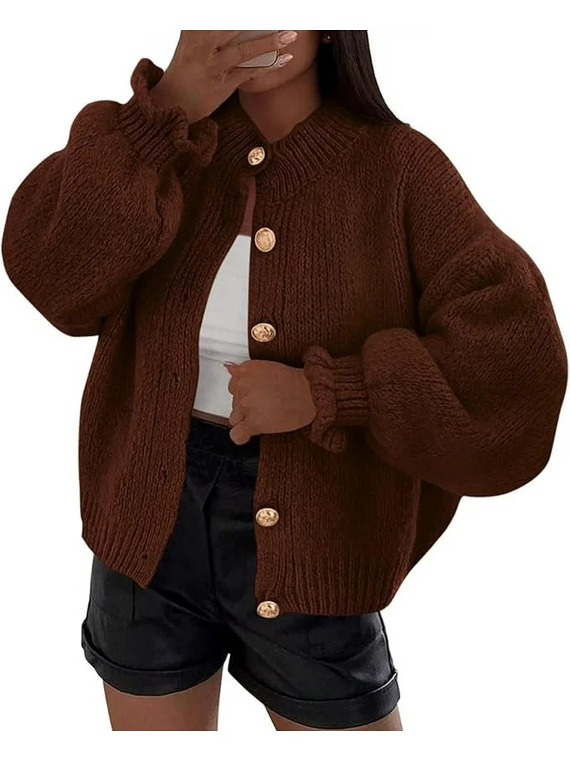 PRETTYGARDEN Womens Cropped Cardigans Trendy Ruffle Open Front Chunky Knit Sweater Oversized Butt... | Walmart (US)