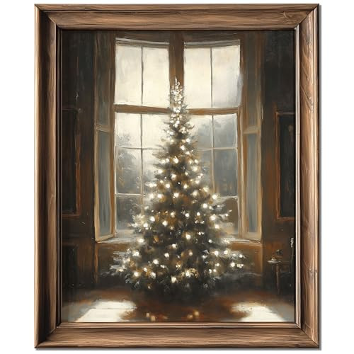 HubbgDesign Vintage Christmas Tree Art Print, Rustic Winter Holiday Home Decor, Antique Christmas Artwork, Cozy Cabin Style Poster (8 X 10 IN Print Unframed, Window) | Amazon (US)