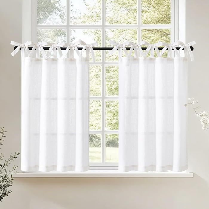 jinchan White Solid Linen Kitchen Tier Curtains 24 Inches Tie Top 2 Panles | Amazon (US)