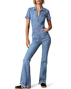 PLNOTME Women's Flare Denim Jumpsuits Cute Short Sleeve Zipper Jeans Long Pants Rompers with Pock... | Amazon (US)