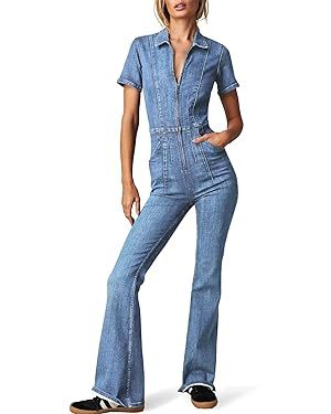 PLNOTME Women's Flare Denim Jumpsuits Cute Short Sleeve Zipper Jeans Long Pants Rompers with Pock... | Amazon (US)