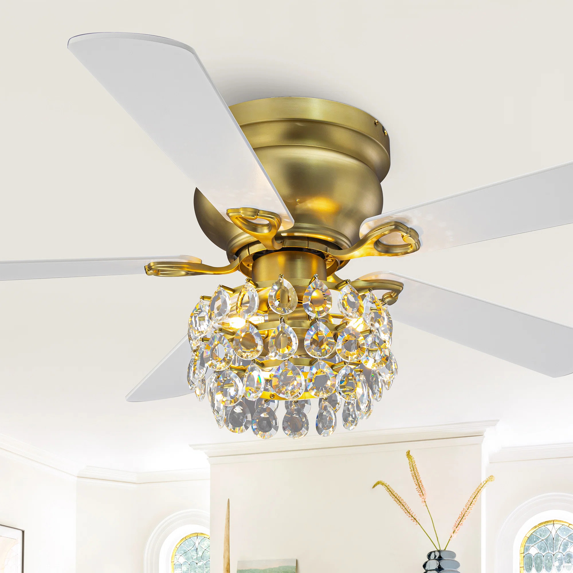 Modern 48" 3-Light Brushed Brass Crystal Flush Mount Ceiling Fan With Remote Control, 3-Speed Rev... | Wayfair North America