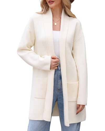 Women's Cardigan with Belt Long Sweater Oversized Open Front Knit Lapel Duster Coat 2025 Trendy Lady Jacket with Pockets Spring Coatigan Outerwear White XL | Amazon (US)