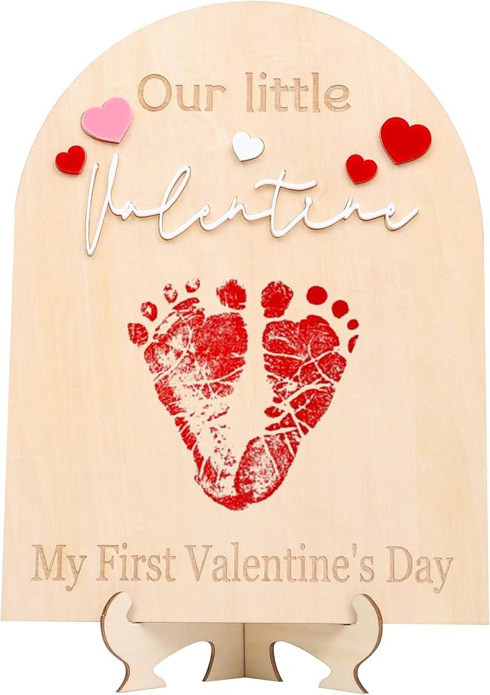 My First Valentine Footprint Wood Board - Our Little Valentine Wood Sign Milestone, Baby Footprin... | Amazon (US)