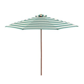 DestinationGear 9 ft. Wood Market Patio Umbrella in Soft Teal and Ivory Stripe Solution Dyed Poly... | The Home Depot