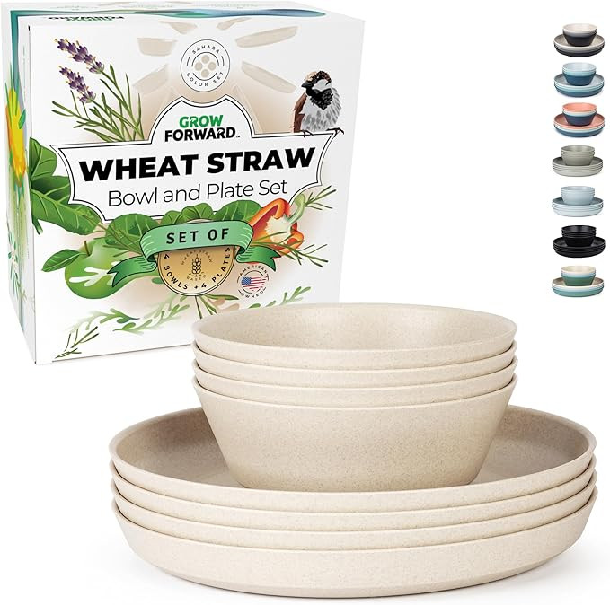 Grow Forward Premium Wheat Straw Plates and Bowls Sets - 8-Piece Wheat Straw Dinnerware Sets - Un... | Amazon (US)