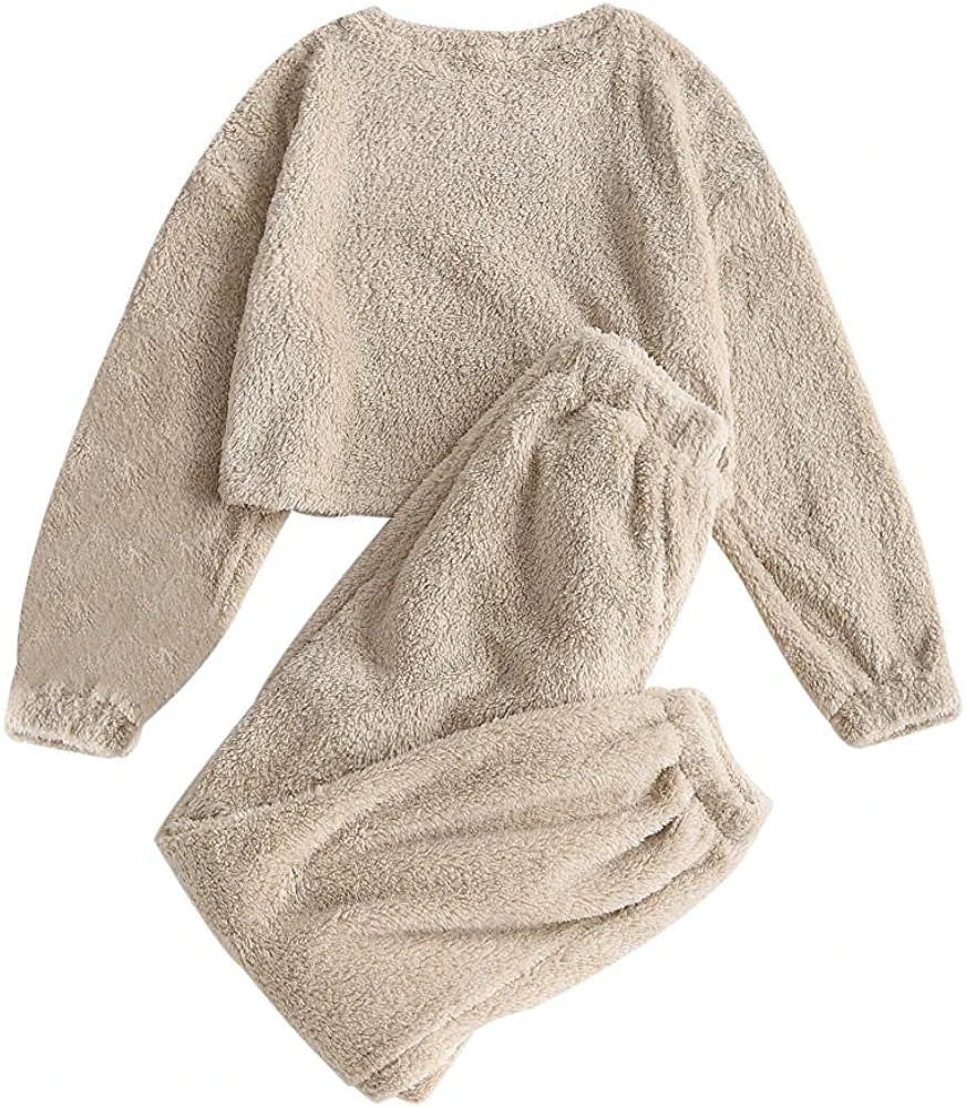 ZAFUL Women's Fuzzy Lounge Casual Pajamas Sets Long Sleeve Fleece Pullover and Pants Set 2 Piece ... | Amazon (US)