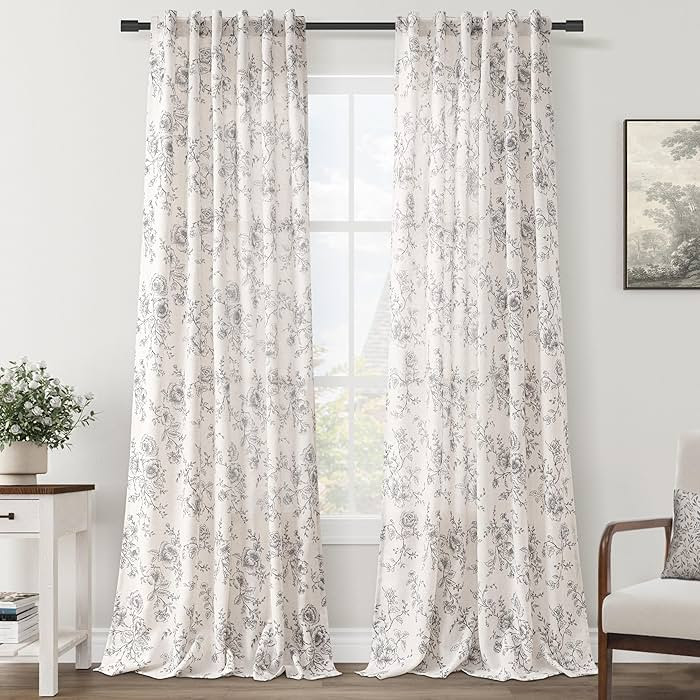 Floral Linen Curtains for Dining Room 84 inch length 2 panels Neutral Cream Black Pattern Printed... | Amazon (US)