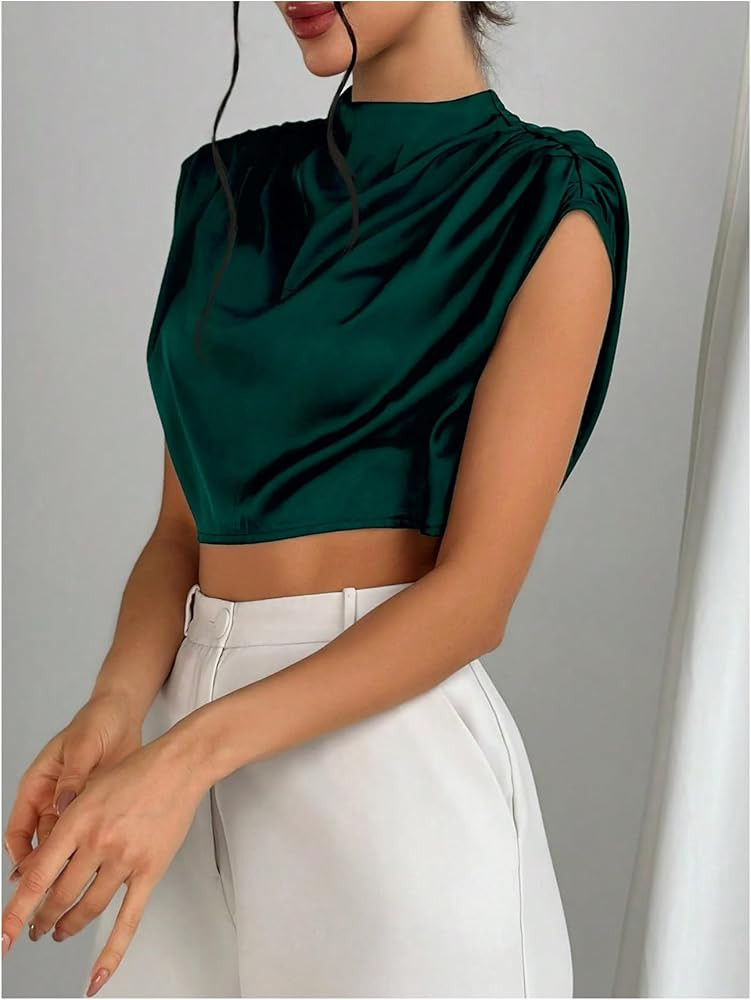 OYOANGLE Women's Elegant Cap Sleeve Satin Top Blouse Ruched Mock Neck Silk Camisole Tops Work Dre... | Amazon (US)