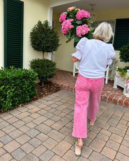 Pink jeans and a white puff sleeve top, both of which my mom LOVES. 💓 #Gap #AddisonBay #widelegjeans 

#LTKSeasonal #LTKover40 #LTKsalealert