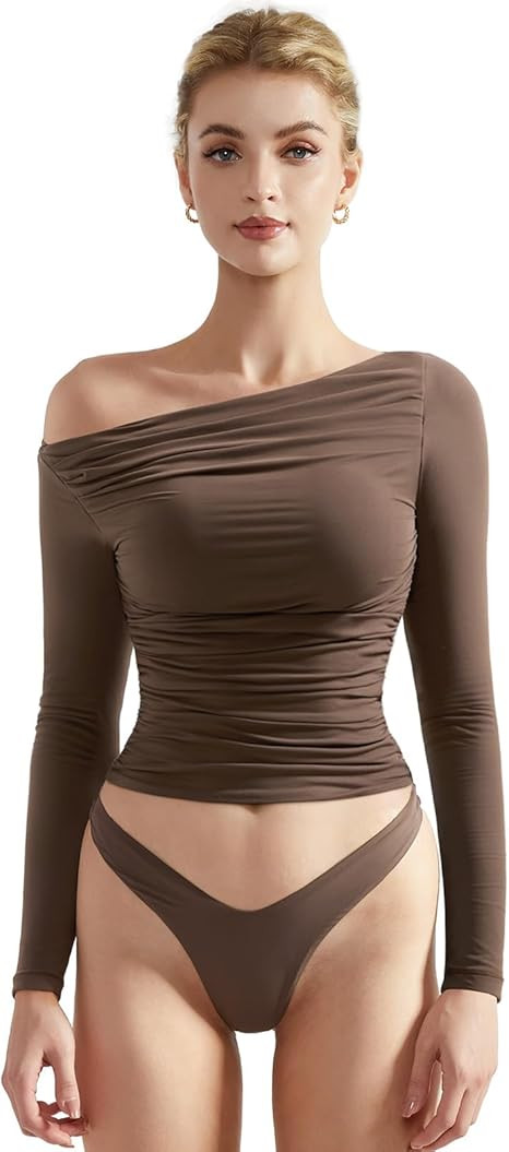 SUUKSESS Women Off Shoulder Long Sleeve Shirts Double Lined Fitted Crop Tops | Amazon (US)