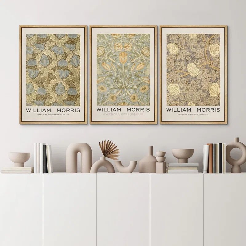 William Morris Floral & Botanical Neutral Abstract Flowers Framed Canvas 3 Pieces Print Wall Art | Wayfair North America