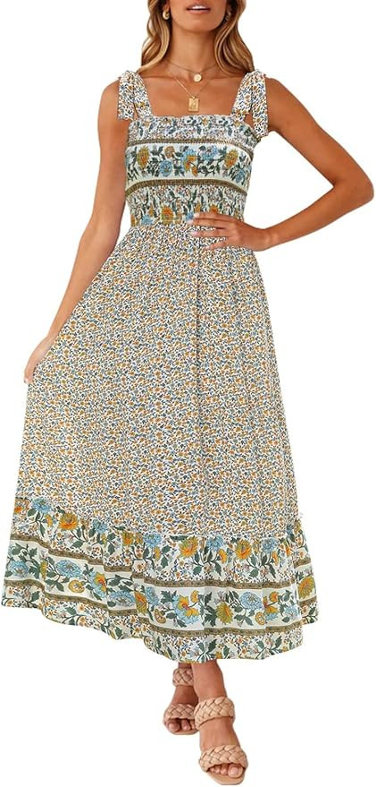 ZESICA Women's Boho Summer Floral Print Tie Straps Sleeveless Square Neck Smocked Flowy Ruffle A ... | Amazon (US)