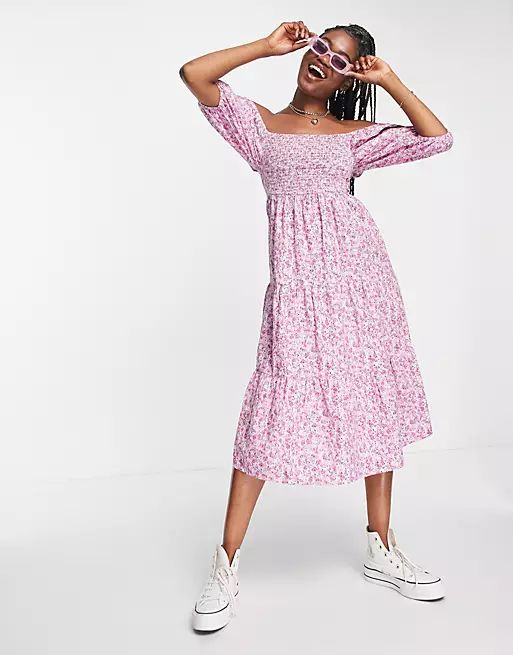 Influence puff sleeve shirred midi dress in purple floral | ASOS (Global)