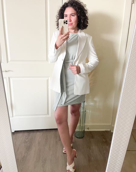 Amazon finds, target style, workwear, striped dress, white blazer, neutral sandals, pearl mules, spring dress, summer outfit, work outfit 

#LTKfindsunder50 #LTKstyletip #LTKworkwear