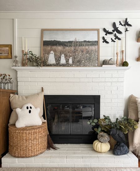 A falloween fireplace - the perfect blend between halloween and fall. 🍂👻 

Fall decor, Halloween decor, mantle decorating 

#LTKhome #LTKSeasonal #LTKHalloween