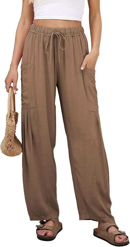 Duyang Women Linen Wide Leg Pants Casual Summer Palazzo Pants Beach Vacation Outfits Flowy Loose ... | Amazon (US)