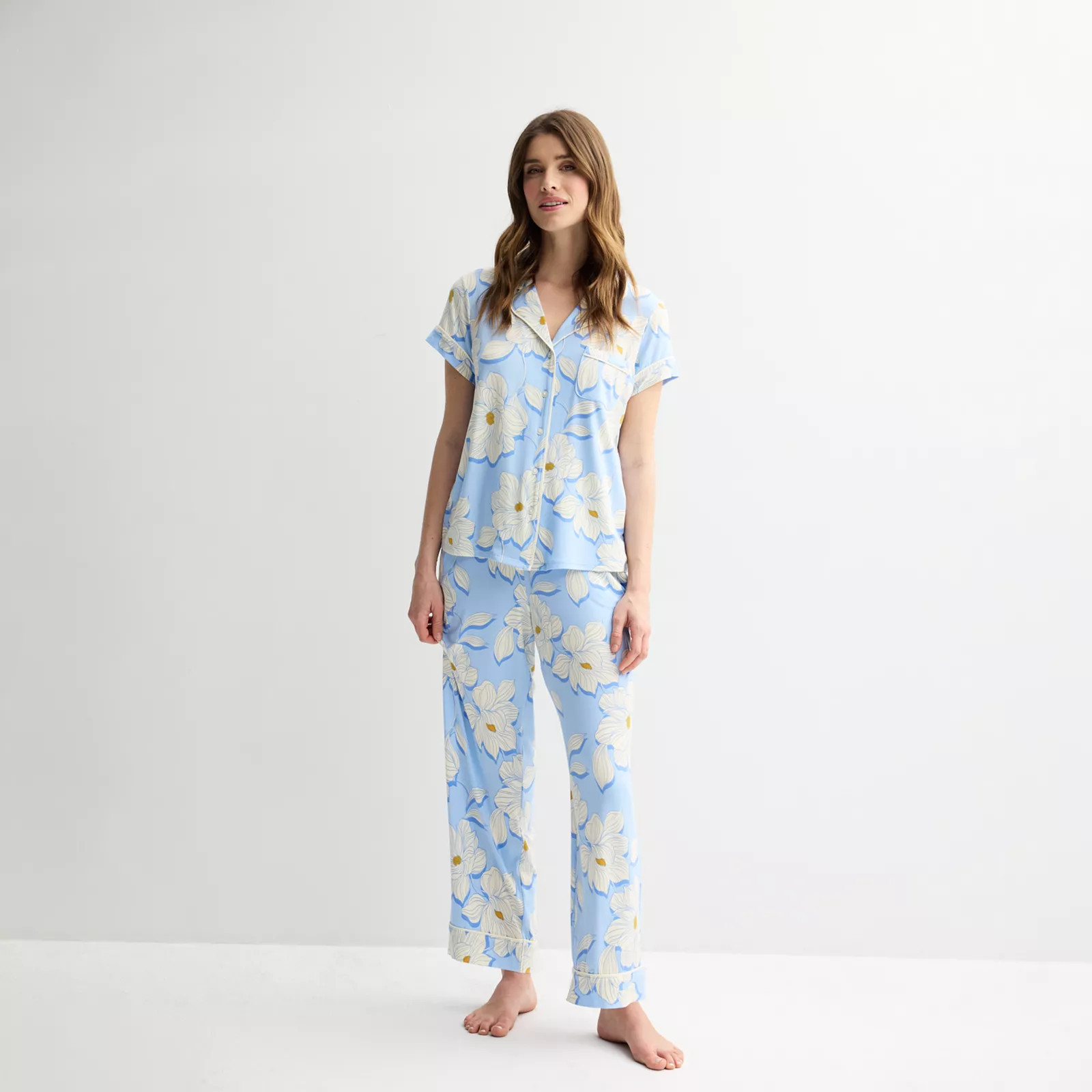 Women's Draper James 2-Piece Printed Cozy Short Sleeve Notch Collar Pajama Top & Pajama Pants Set, Size: XS, Magnolia Shadows | Kohl's