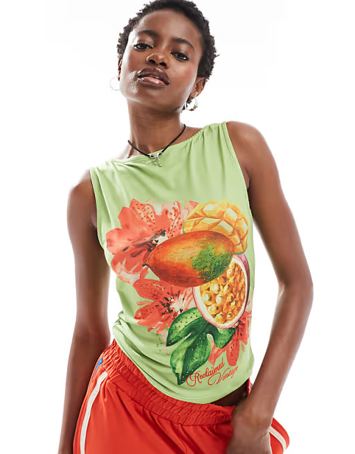 Reclaimed Vintage slash neck vest with fruit and flower print in green | ASOS (Global)