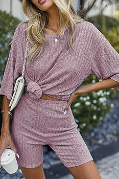 Ekouaer Pajamas 2 Piece Lounge Sets Ribbed Knit Matching Outfits T-shirt Biker Shorts Sleepwear L... | Amazon (US)