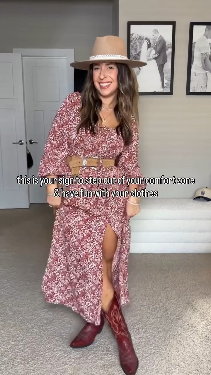 If I told you this entire outfit was Amazon, and not some super expensive boutique, would you believe me??? I am absolutely blown away by how much I love this look, even though it’s a bit different than what I typically wear. 
These red boots with this boho dress, hat and belt is so stunning. 
Boho dress outfit inspo, date night outfit, ladies lunch outfit 

#LTKSeasonal #LTKMidsize #LTKPetite