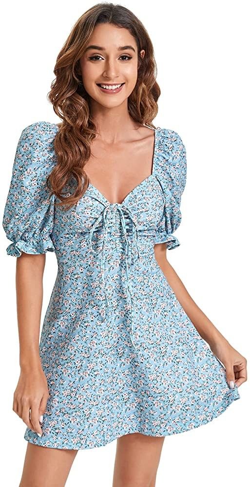 Verdusa Women's Floral Puff Short Sleeve Ruched A Line Dress V Neck Ruffle Mini Short Dresses | Amazon (US)