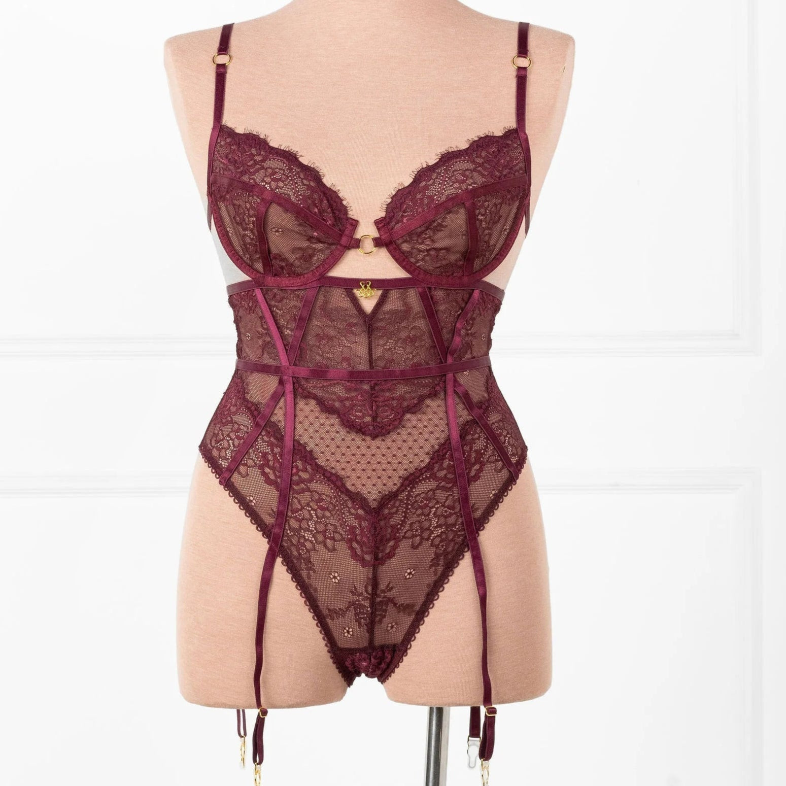 Eyelash Lace Crotchless Garter Teddy - Cherry Lacquer | Mentionables