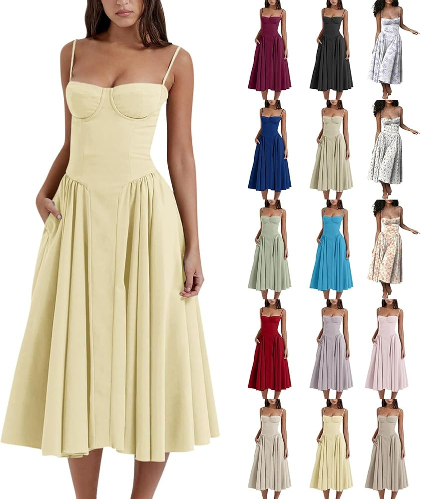 Womens Corset Dress Elegant Spaghetti Strap Bustier Midi Dress Flowy Pleated Hem Low Cut Prom Dre... | Amazon (US)