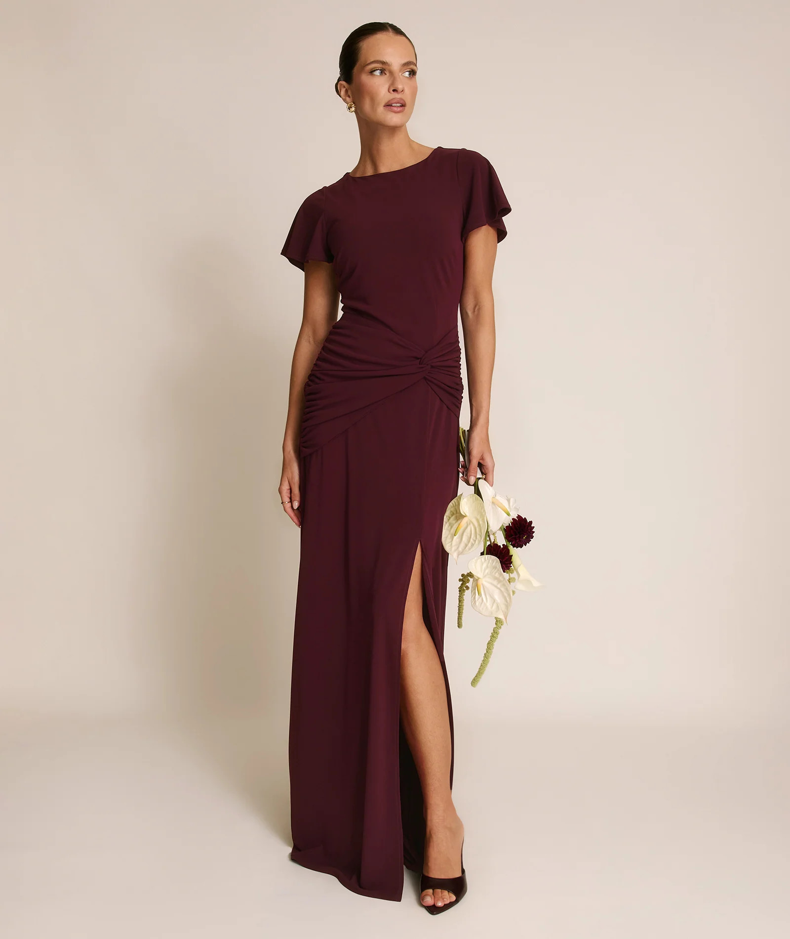 Flutter Sleeve Stretch Sculpt Bridesmaid Dress - Merlot | Six Stories