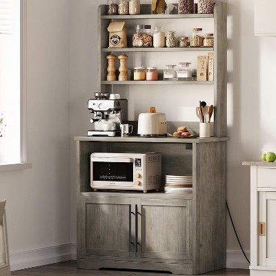 Farmhouse Bakers Rack, Microwave Stand with Cabinet, Kitchen Hutch Pantry Cabinet, Kitchen Coffee Bar Cabinet for Spices, Dishes, and Pots, Gray | Target